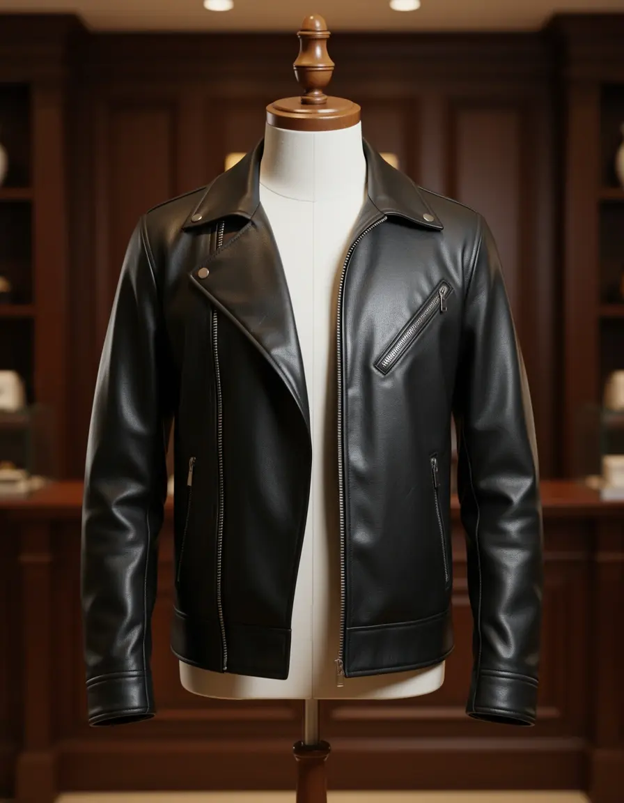 Schwarze Herren Lederjacke auf einem Mannequin, hochwertiges Glattleder
