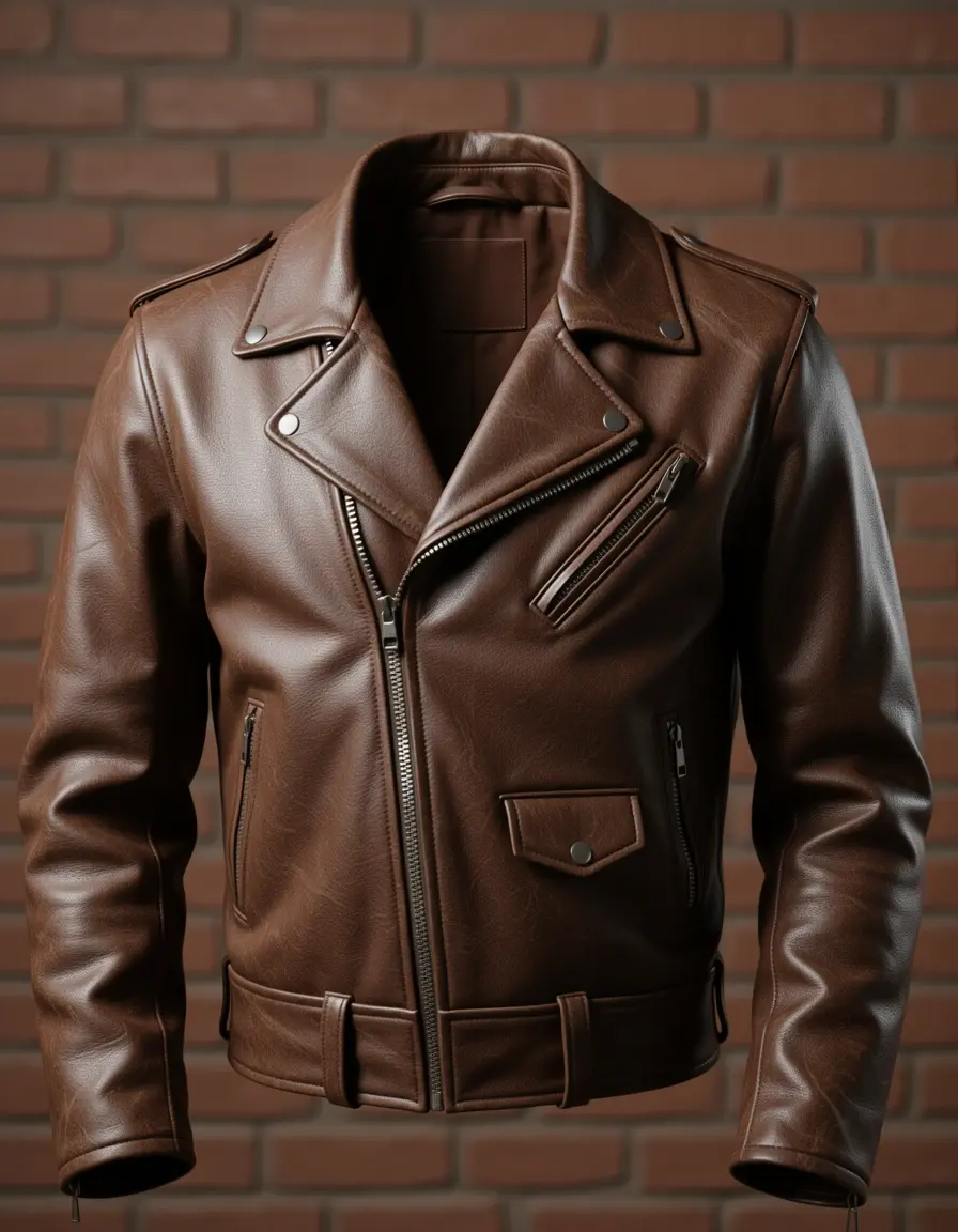 Vintage Leder Bikerjacke mit markanten silbernen Reißverschlüssen