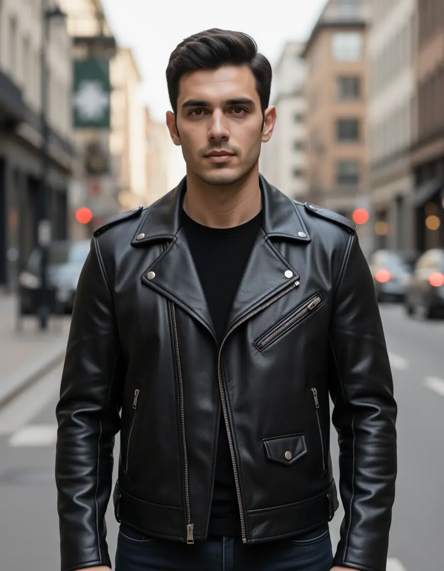 Schwarze Moto-Lederjacke mit Stehkragen