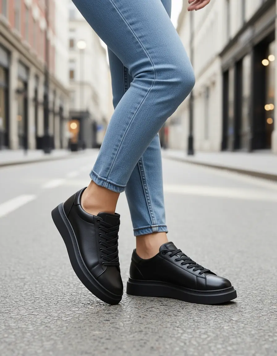 Moderne schwarze Plateau-Sneaker aus glänzendem Leder