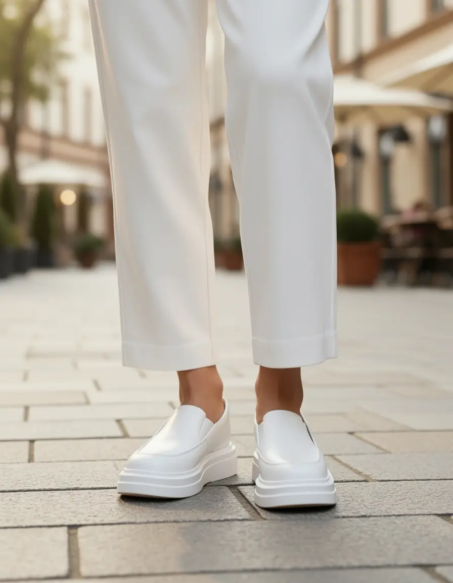 White Platform Leder Sneaker Damen mit dicker Sohle