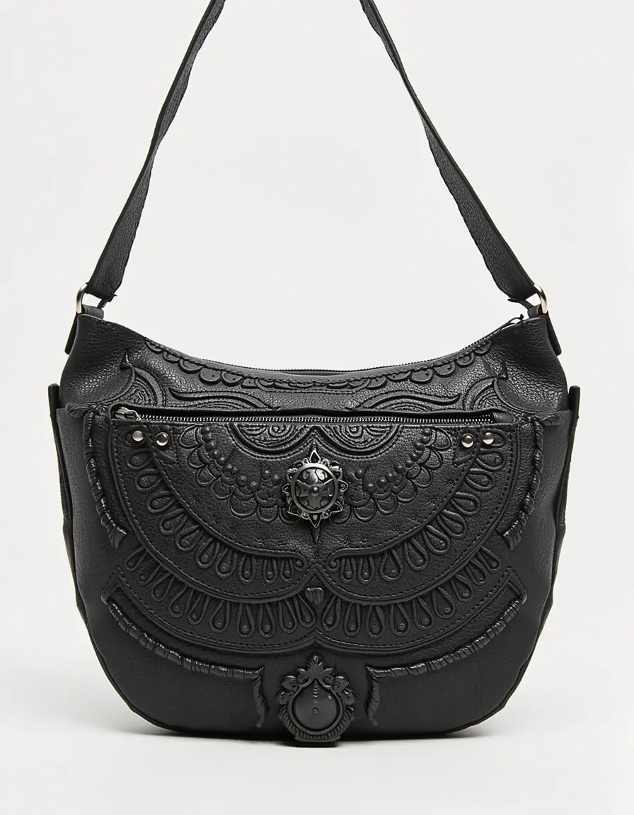 Schwarze Boho Bauchtasche Leder Damen mit dekorativen Details