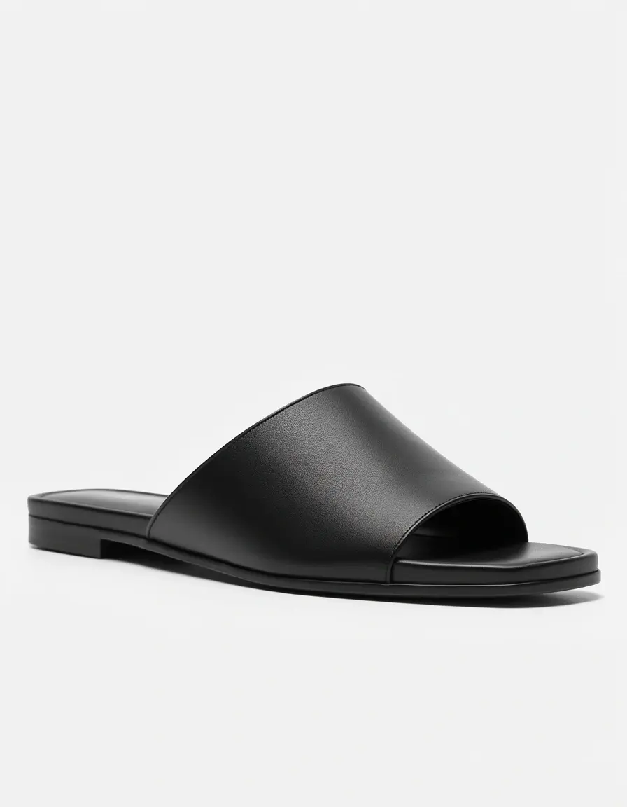 Schwarze flache Damen Sandale Leder minimalistisch