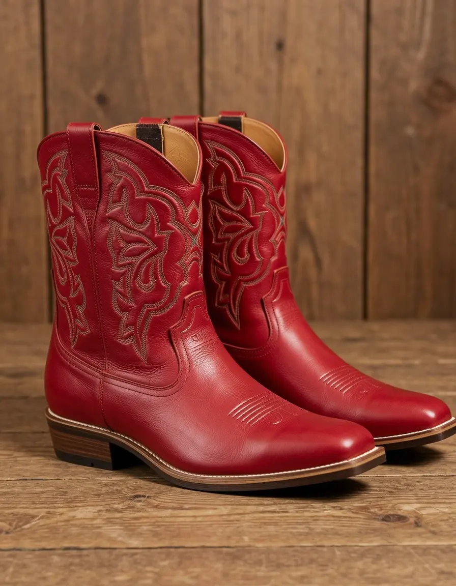 Rote Western herren boots leder mit Ziernähten