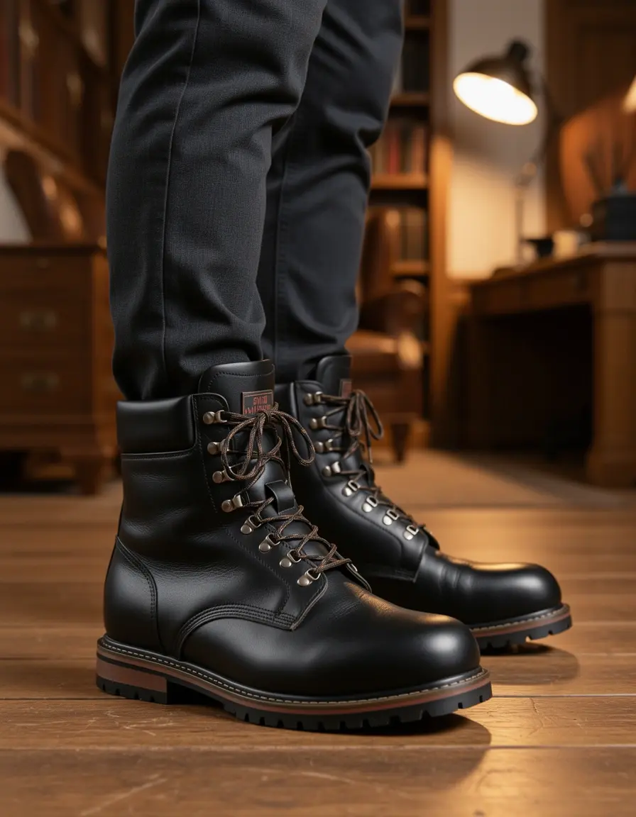 Langlebige schwarze Work Boots aus dickem Leder