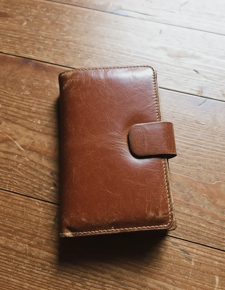 Vintage braunes Leder Damen Portemonnaie auf Holztisch