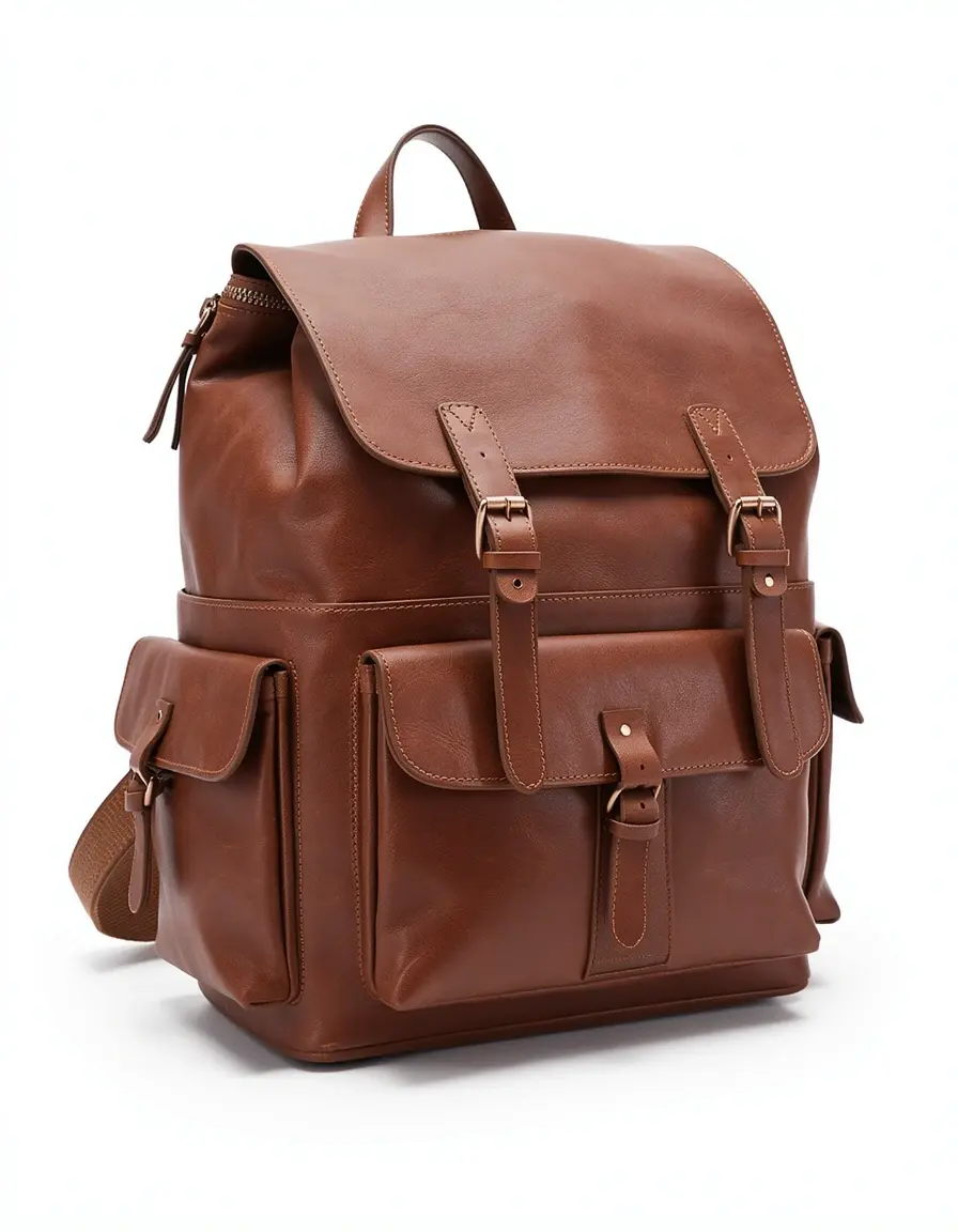 Brauner Leder Daypack Rucksack auf weißem Hintergrund