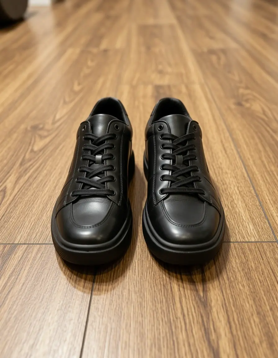 Schwarze Leder Sneaker Herren auf dem Boden liegend moderne Optik