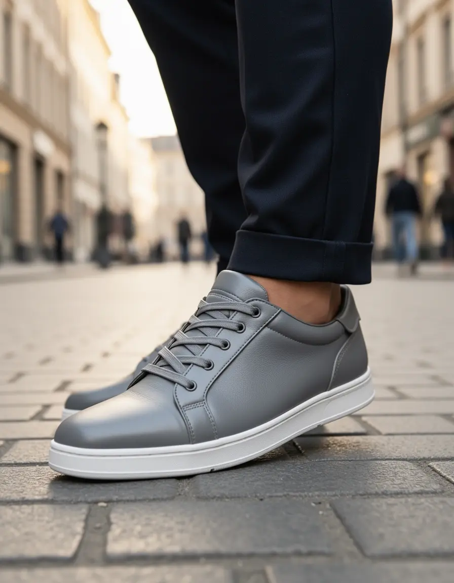 Sportliche graue Herren Leder Sneaker mit Fokus auf Design