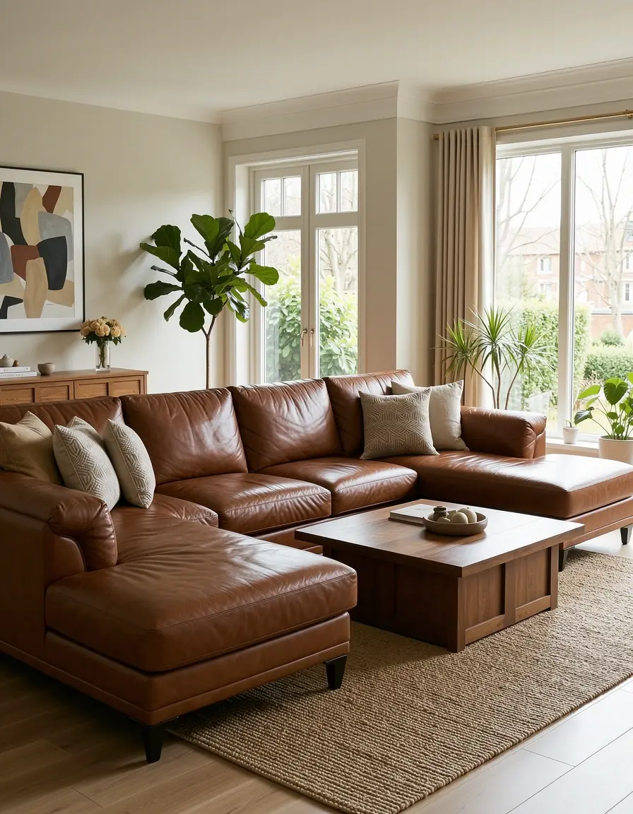 Großes braunes Leder Ecksofa in einem modernen Wohnzimmer