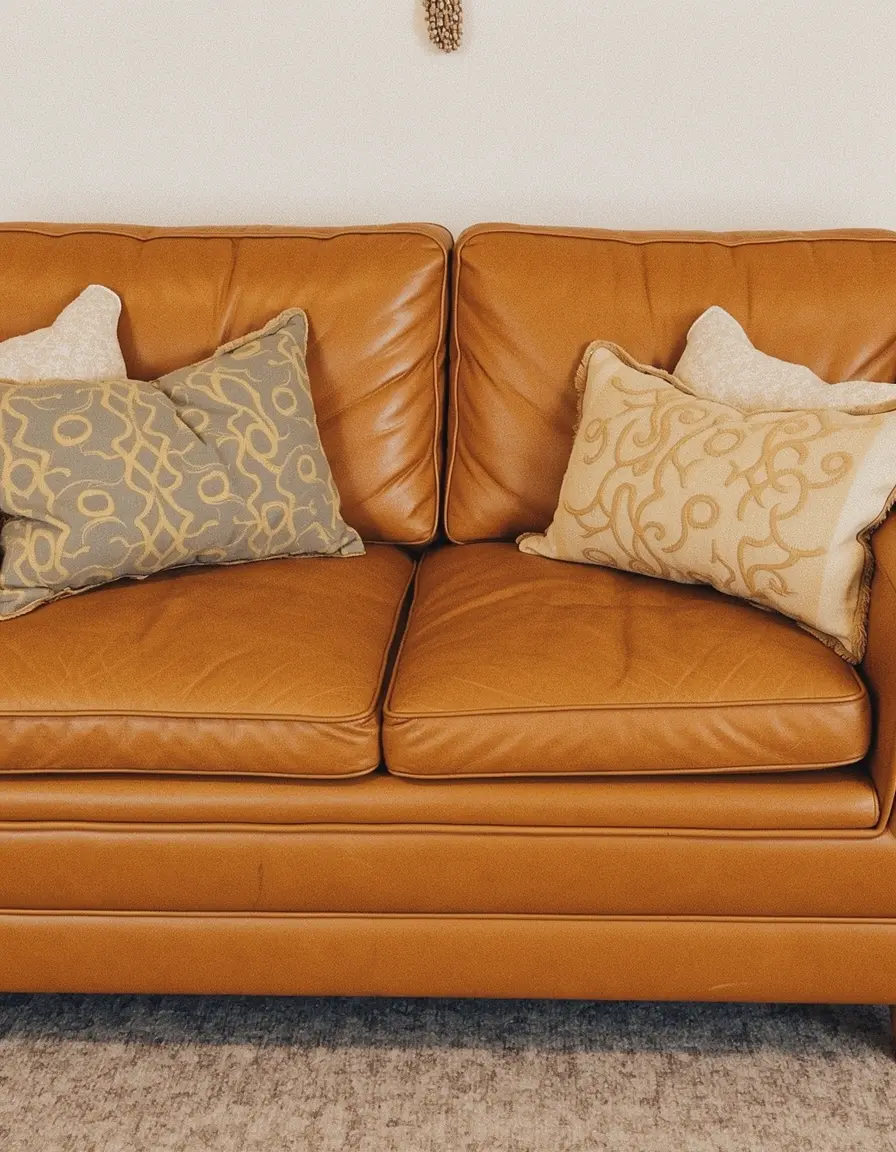 Vintage braunes Leder Sofa im Retro-Look mit Kissen