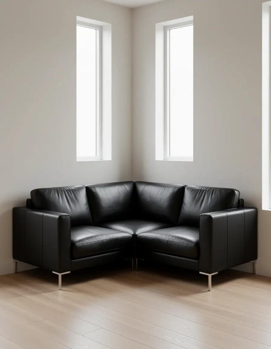 Schwarzes Ecksofa aus glattem Leder