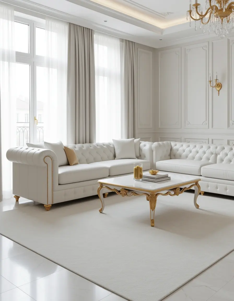 Luxuriöses weißes Ledersofa mit goldenen Details