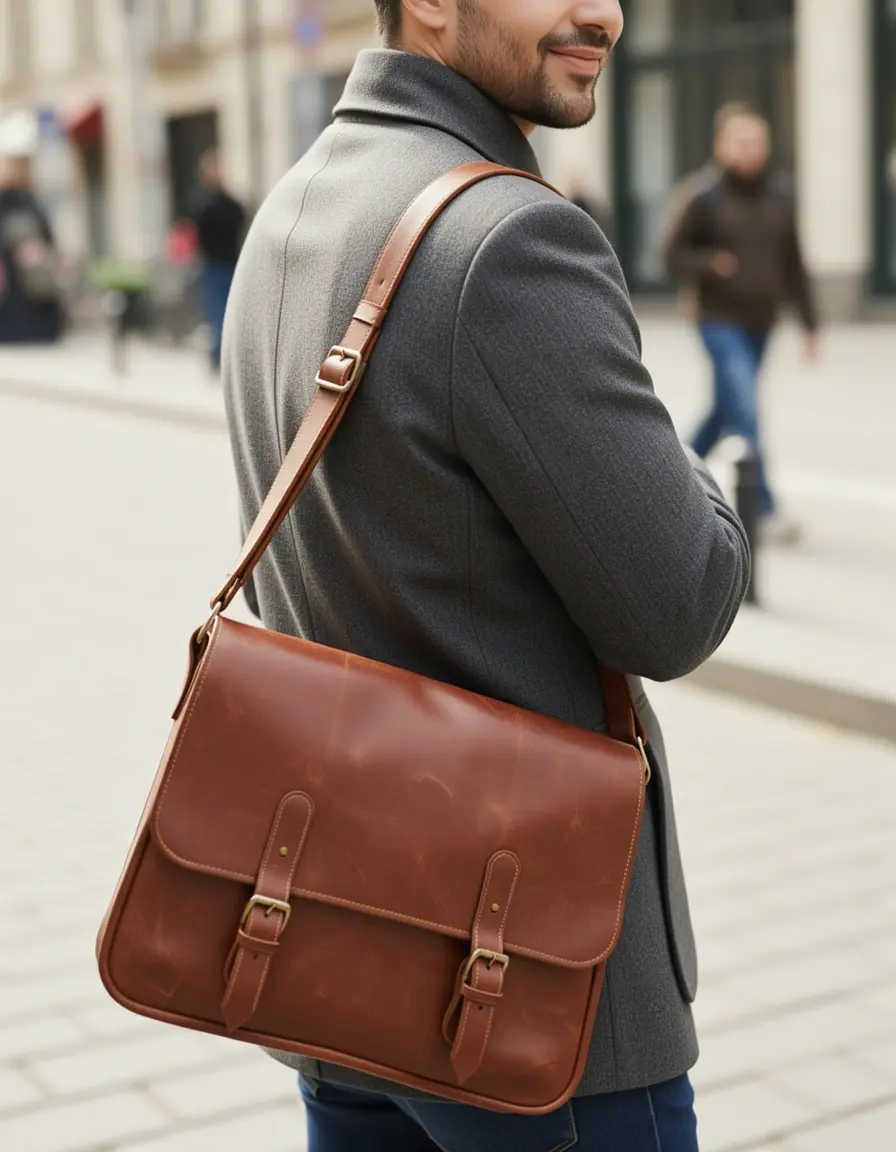 Braune Leder Messenger Bag für Herren über der Schulter