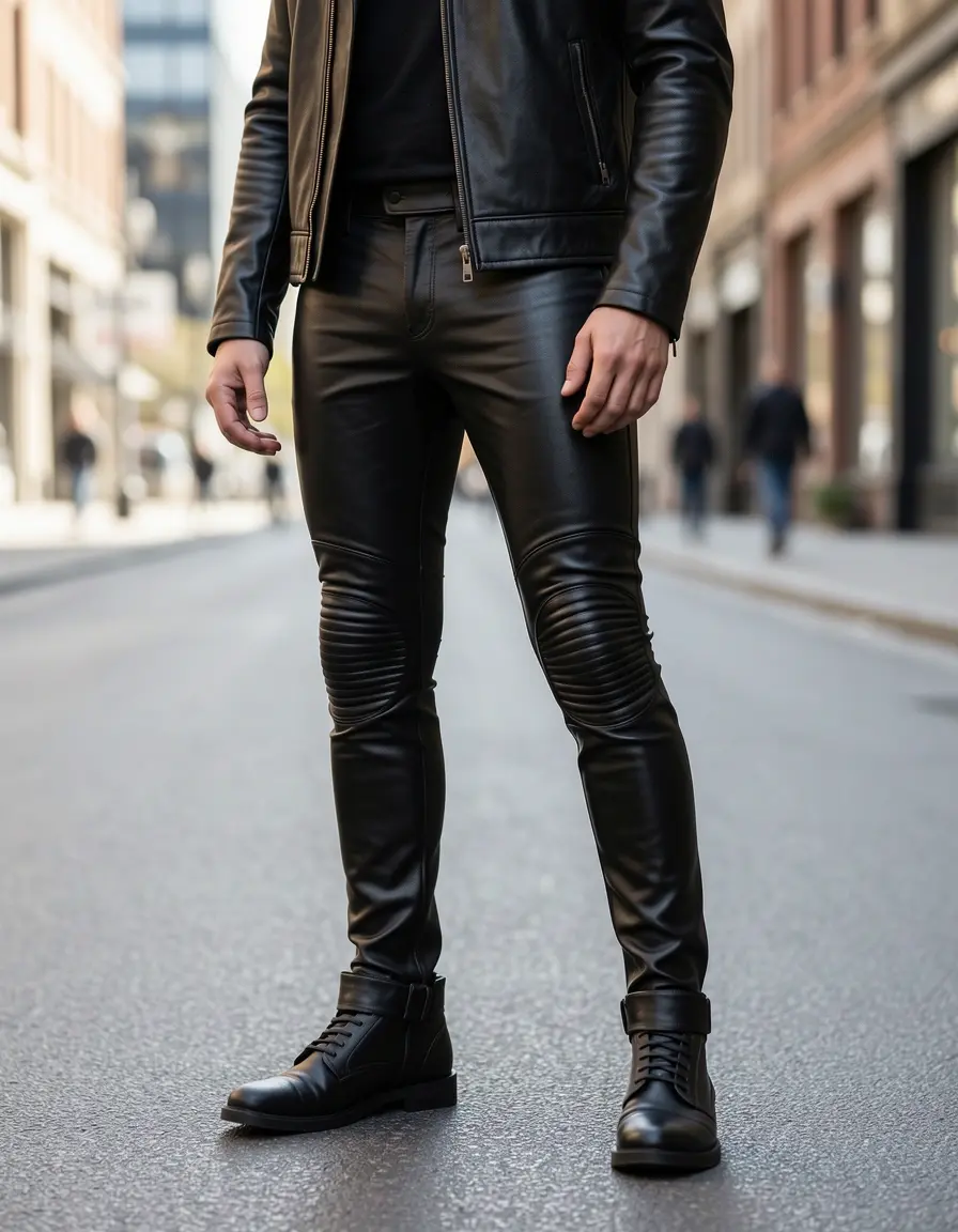 Leder Leggings im Moto-Stil mit Steppnähten