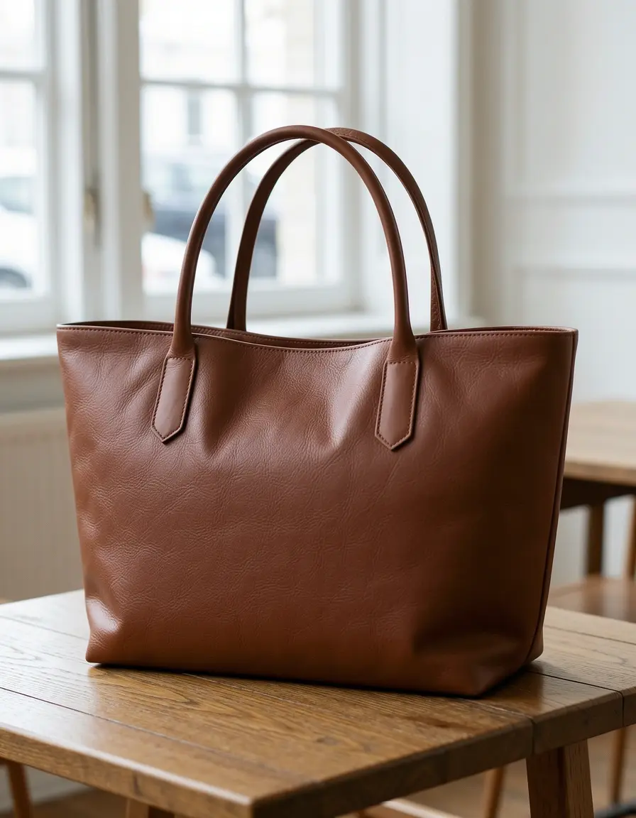 Braune Ledertasche Tote Bag auf einem rustikalen Tisch