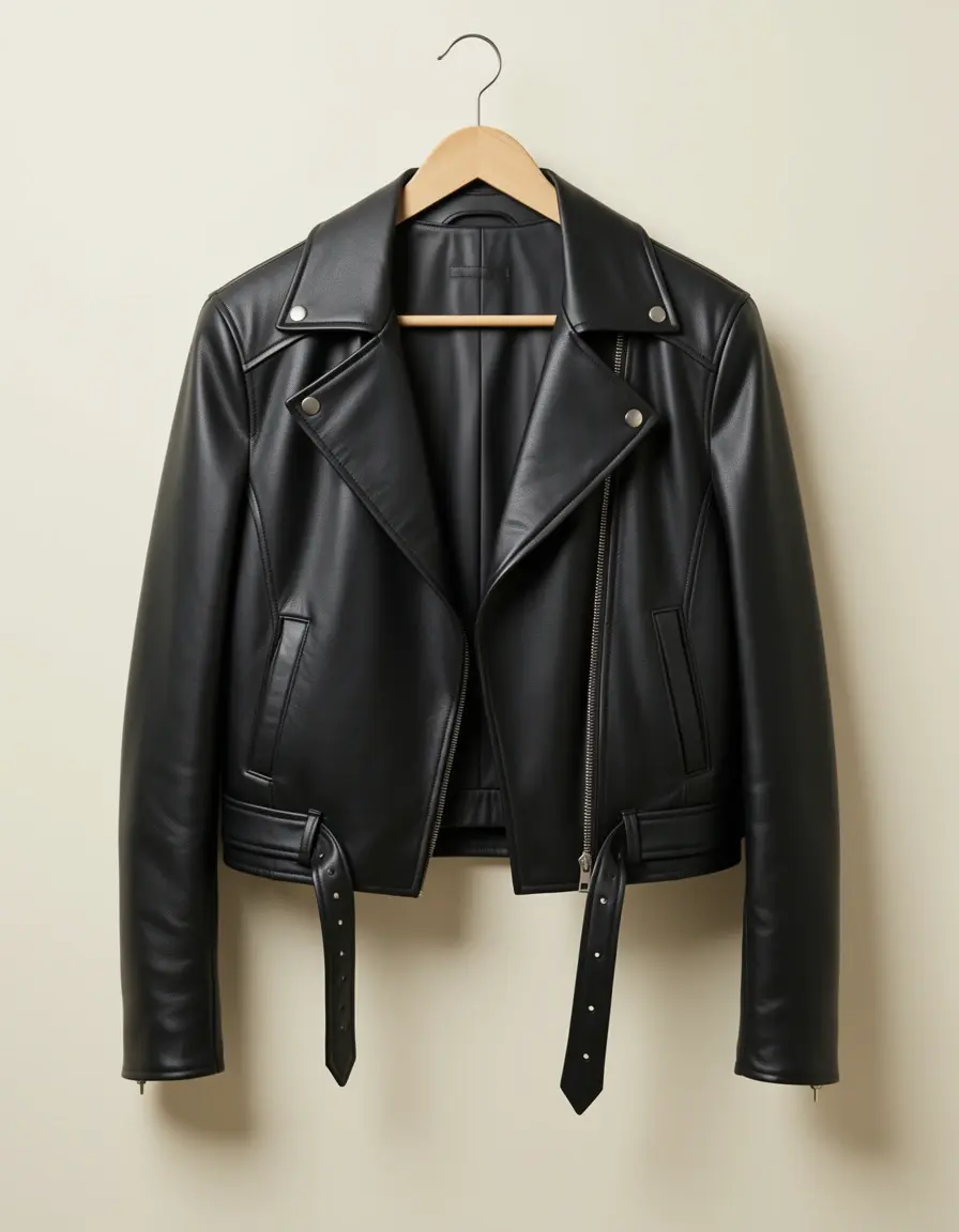 Schwarze PU Lederjacke auf einem Kleiderbügel