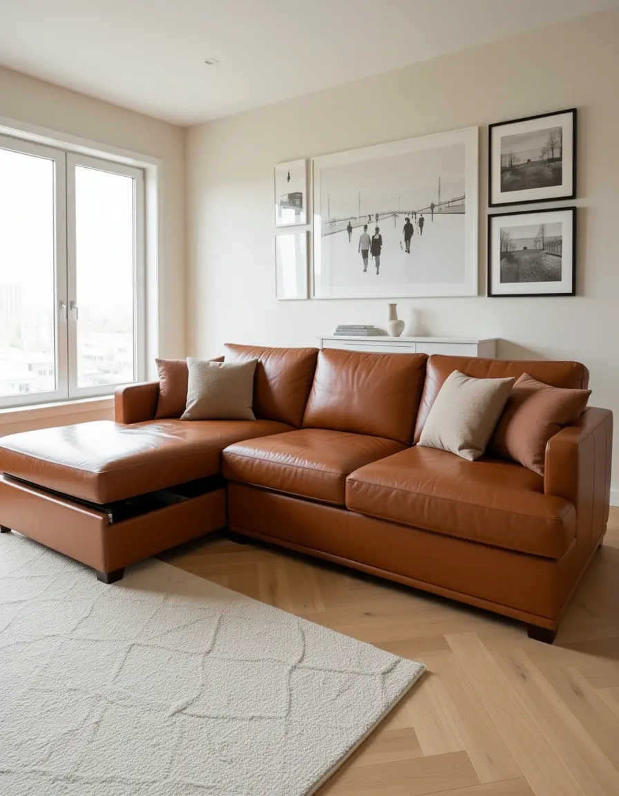 Braunes Schlafsofa Leder zum Ausziehen in einem modernen Wohnzimmer
