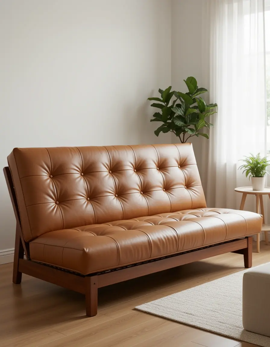 Hellbraunes Leder-Futon-Sofa in einem hellen Zimmer
