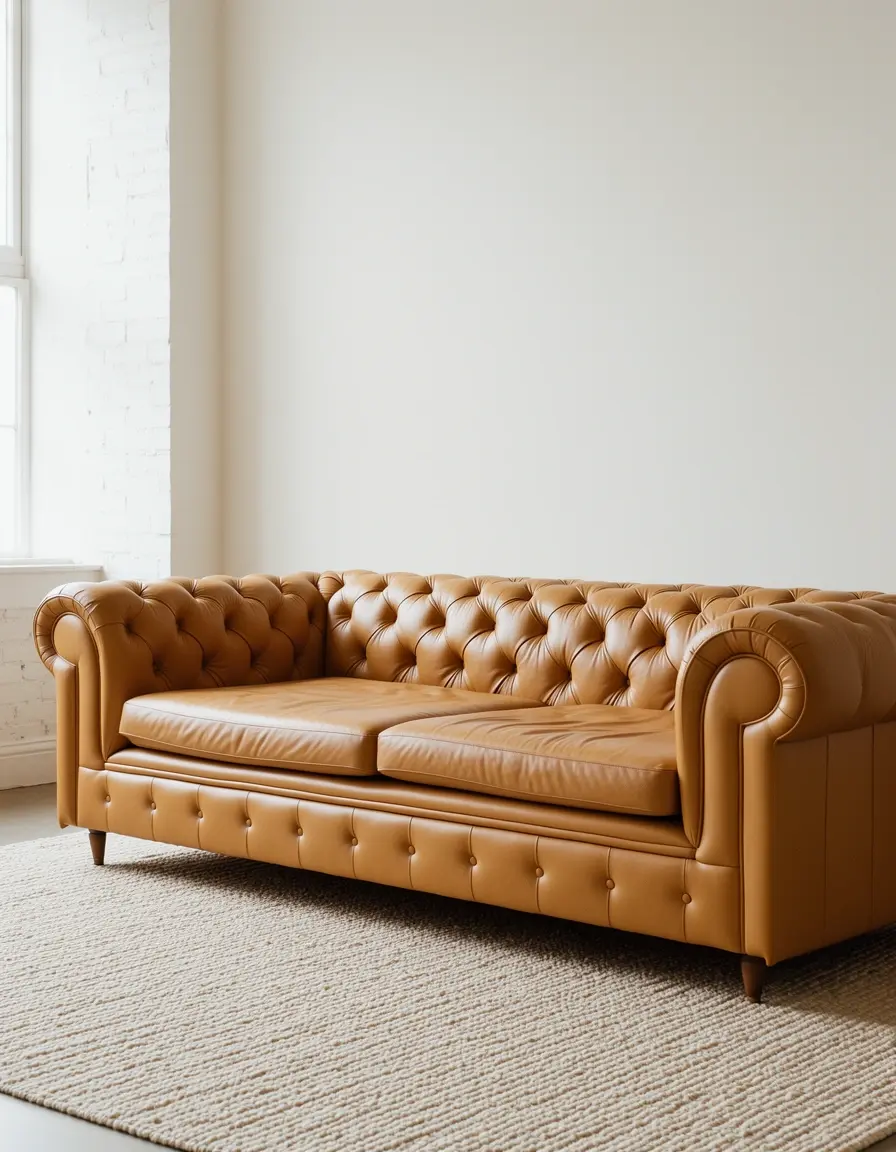 Hellbraunes Ledersofa mit klassischer Knopfheftung