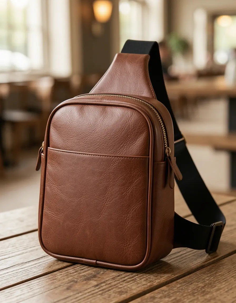 Nahaufnahme einer braunen Leder-Sling-Bag mit natürlicher Textur und hochwertigen Nähten