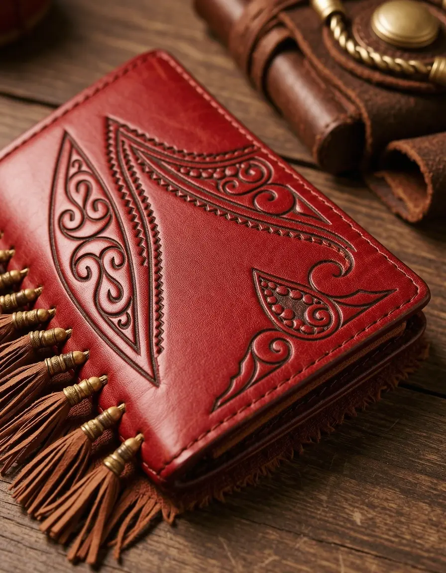 Rote Ledergeldbörse im Boho-Stil