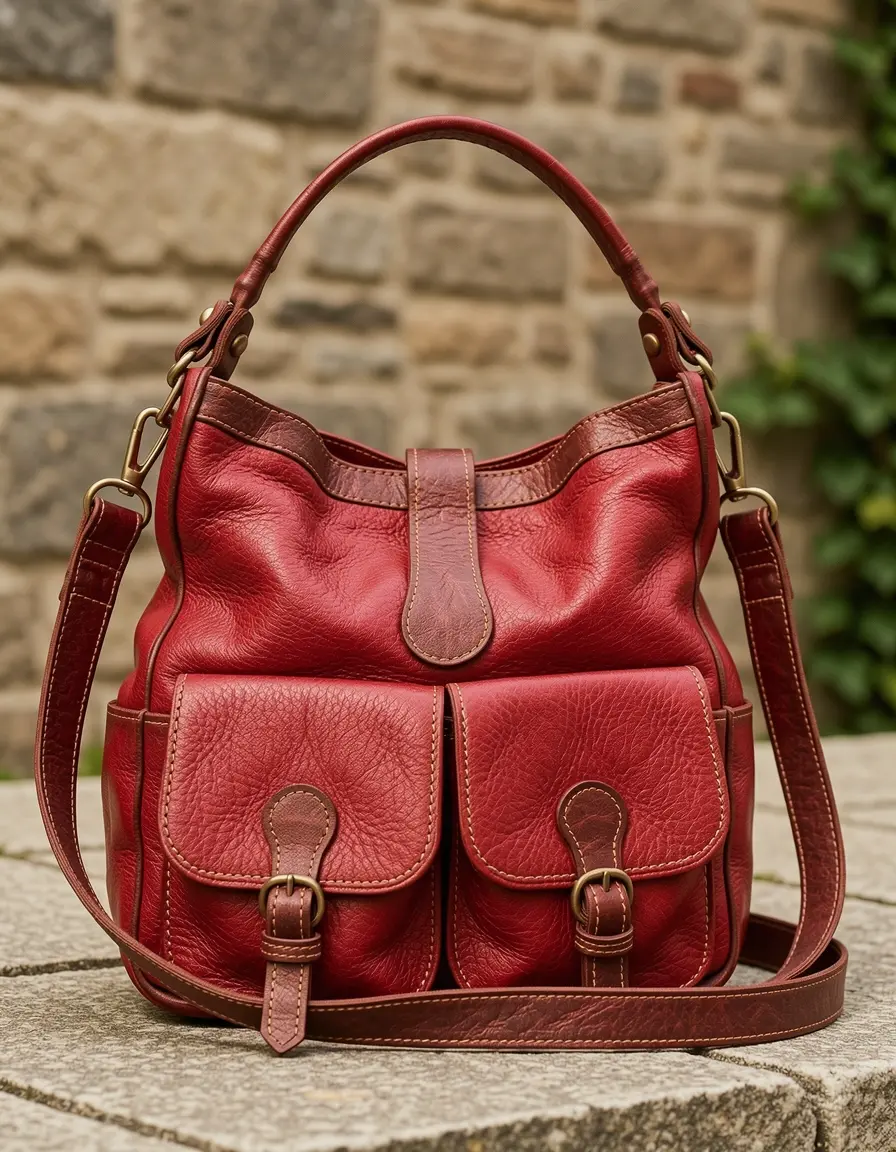 Rote Lederhandtasche im Bohemian Stil