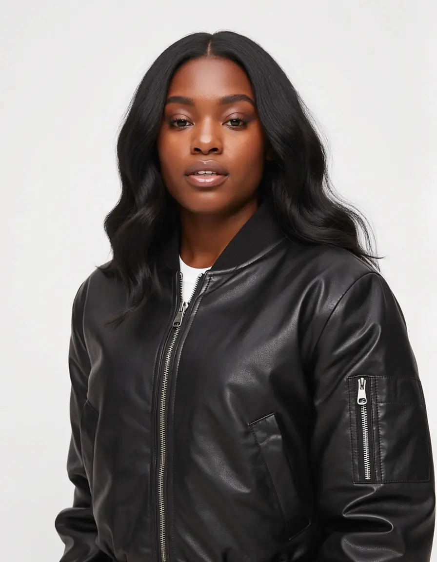 Schwarze Leder-Bomberjacke für Damen mit elegantem Schnitt