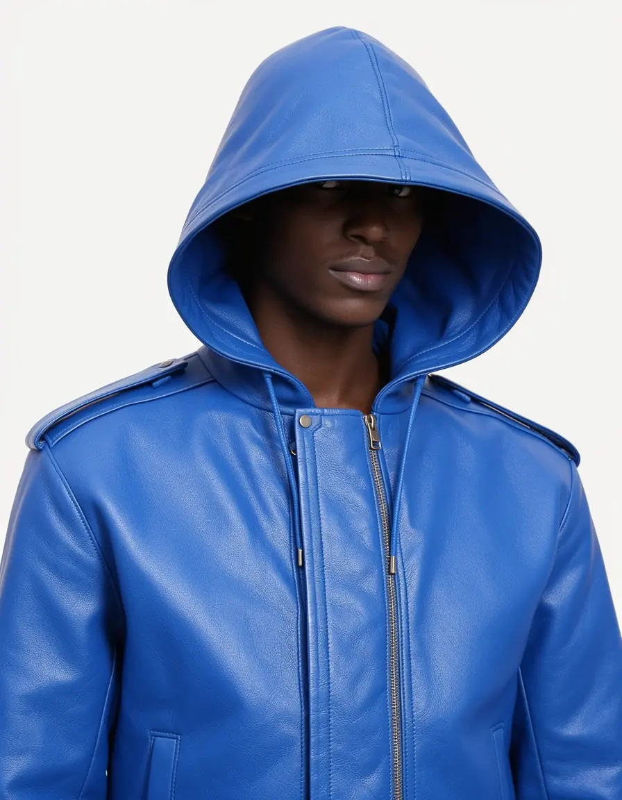 Blaue Lederjacke mit Kapuze für einen sportlichen Look