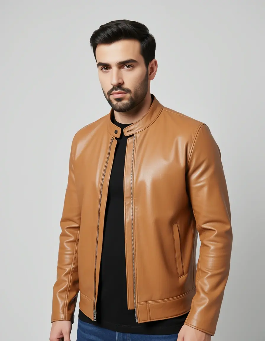 Klassische Lederjacke in Tan mit zeitlosem Design