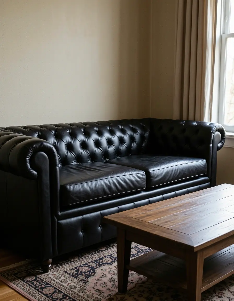 Klassisch gestepptes schwarzes Ledersofa im Chesterfield Design
