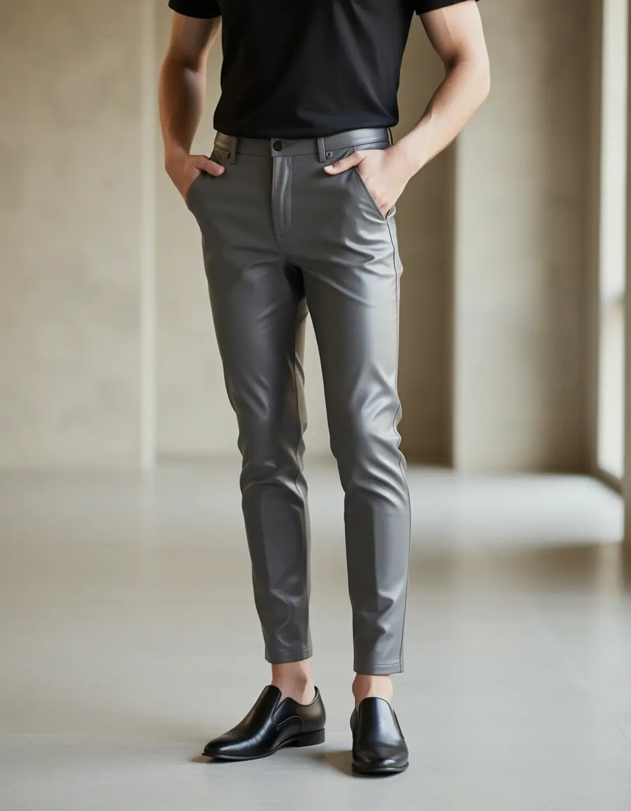 Graue schmal geschnittene Lederhose