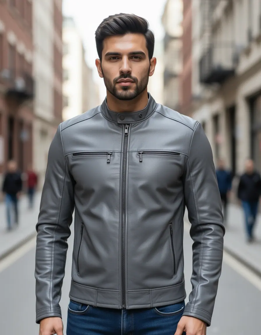 Slim Fit Lederjacke Herren in modernem Grau