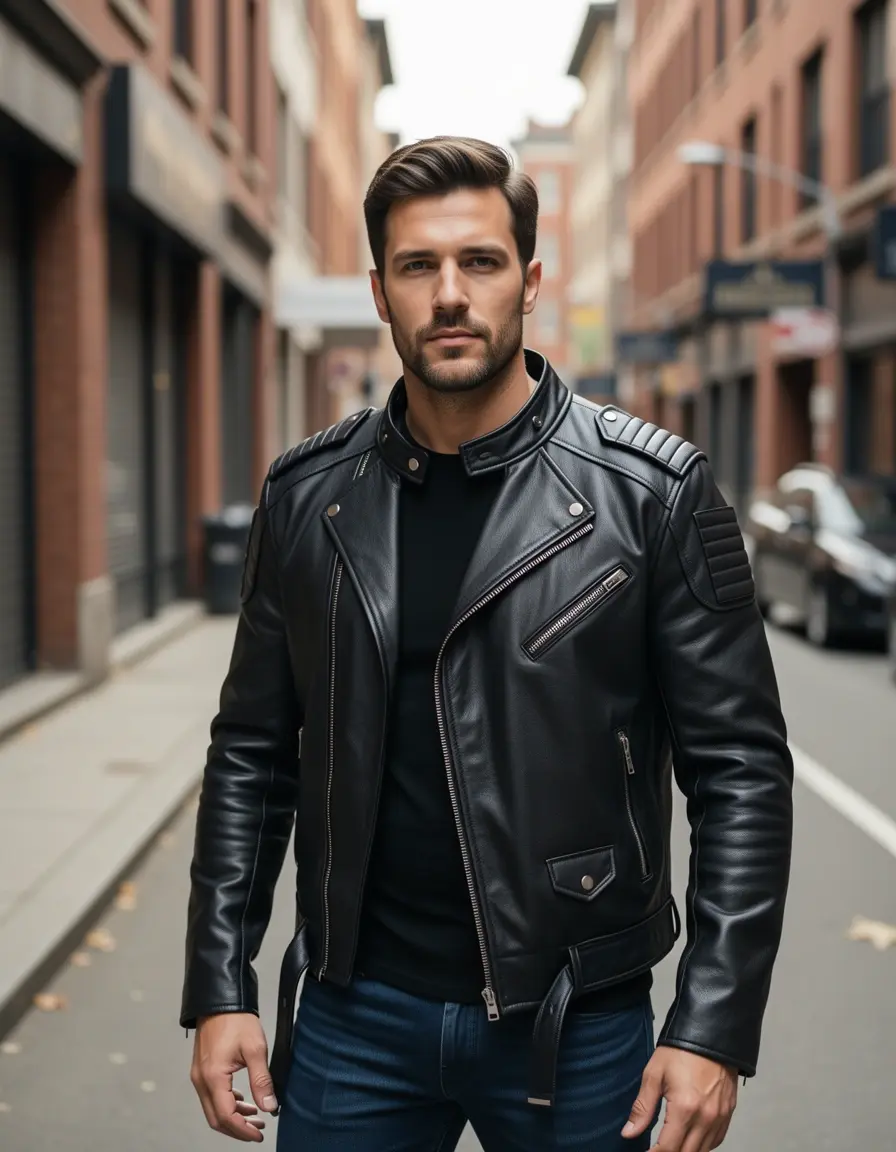 Schwarze Biker Lederjacke für Herren mit robusten Details