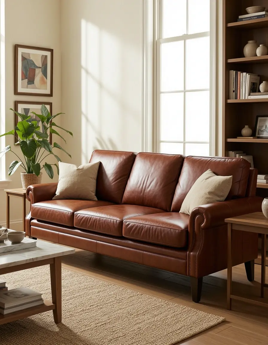 Braunes Leder Schlafsofa im Wohnzimmer Ambiente