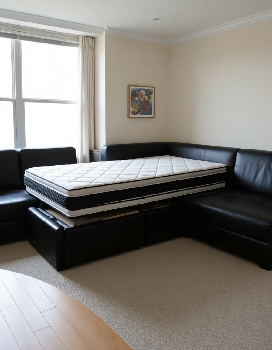 Schwarzes Leder Ecksofa mit Ausziehfunktion