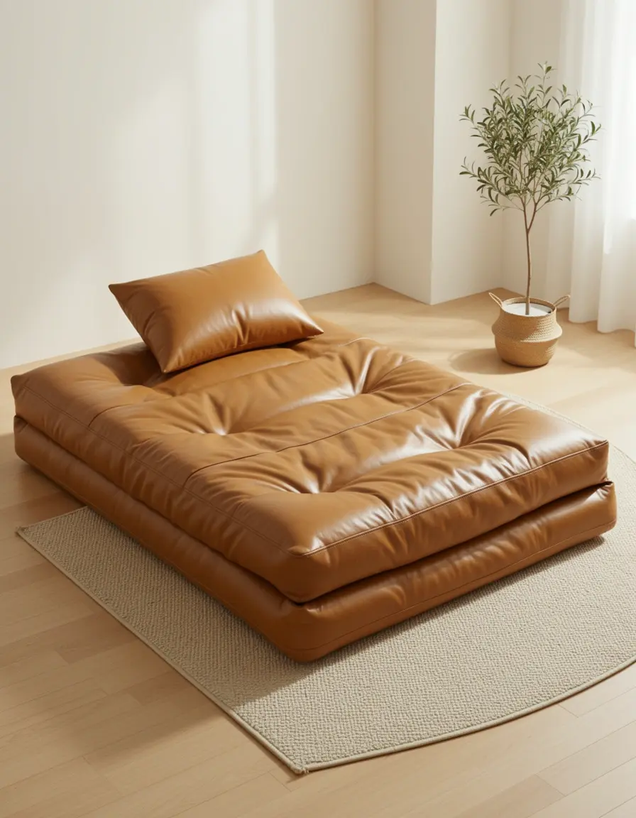 Hellbraunes Leder Futon Schlafsofa