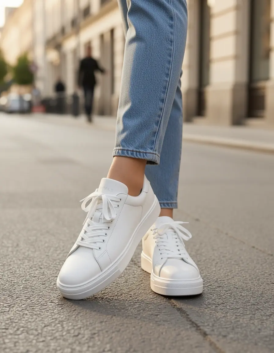 Weiße Leder Sneaker mit Plateau-Sohle für Damen