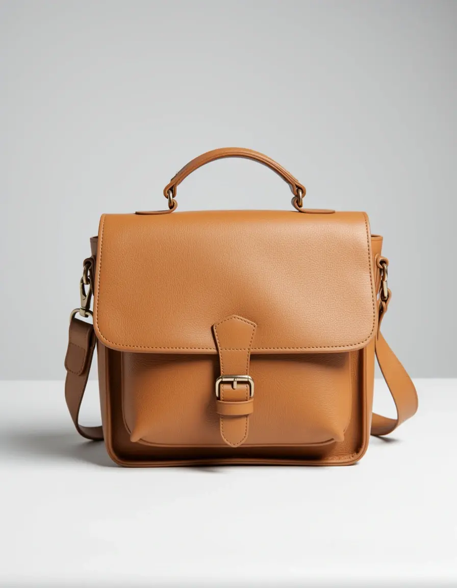 Klassische hellbraune Satchel-Tasche mit dekorativer Klappe