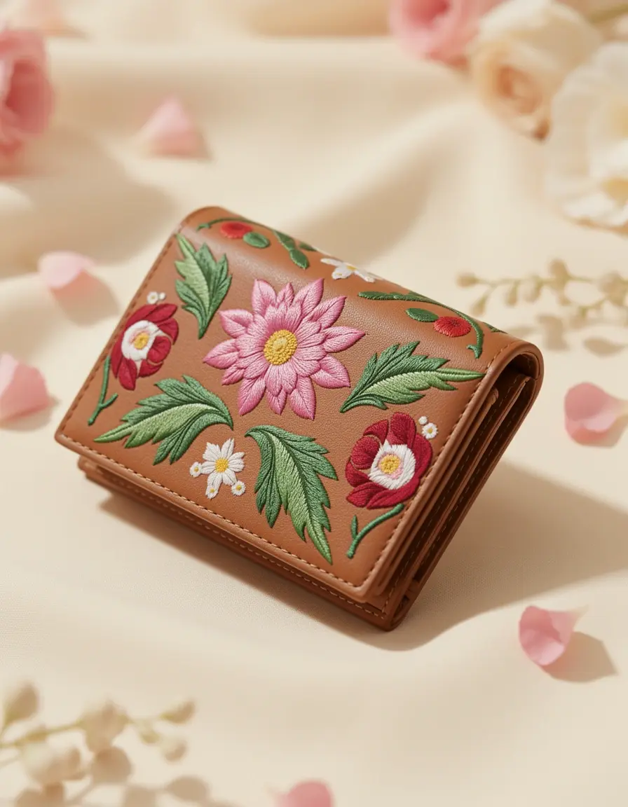Besticktes Lederportemonnaie für Damen mit floralen Mustern