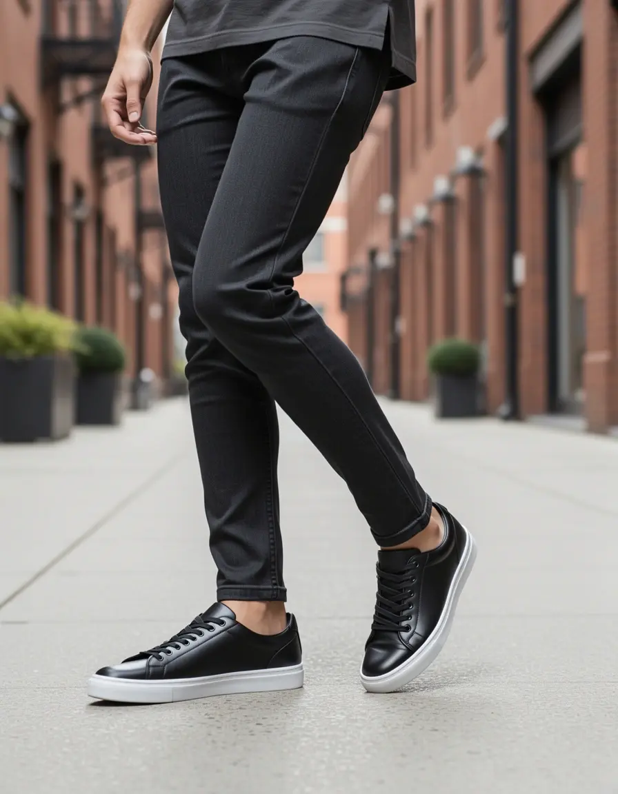 Schwarze flache Leder-Sneaker für Herren minimalistisches Design