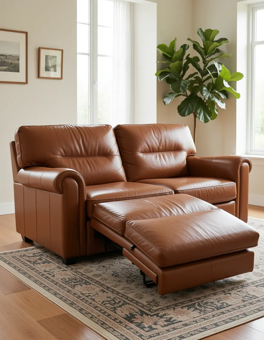 Hellbraunes Leder-Relaxsofa mit verstellbarer Rückenlehne