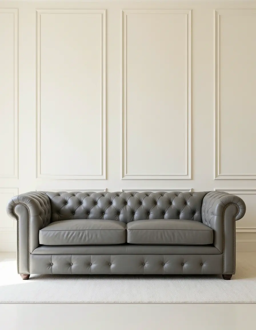 Graues Chesterfield Sofa aus Leder mit Knopfheftung