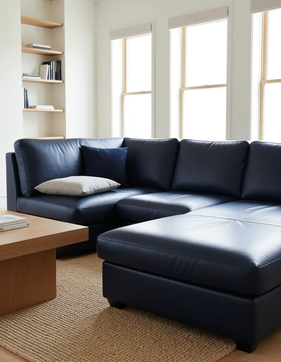 Dunkelblaues modulares Ledersofa für große Wohnbereiche