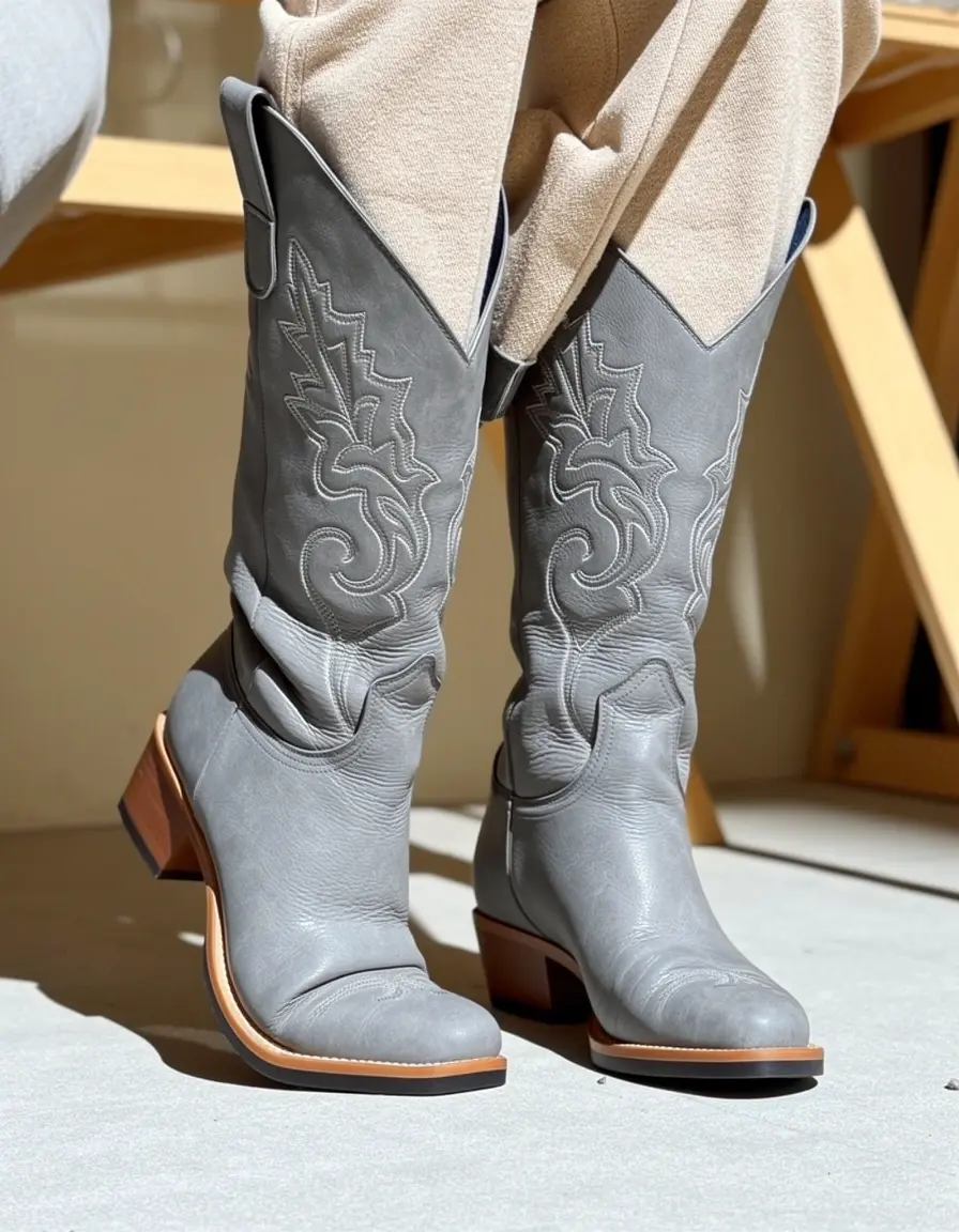 Graue Cowboy Stiefel Herren Leder mit aufwendigen Stickereien