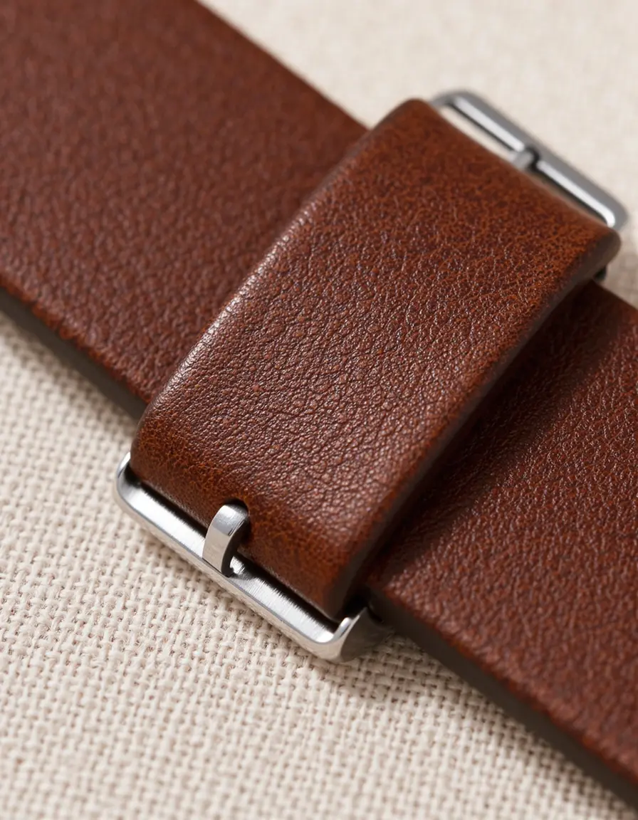 Nahaufnahme eines braunen Uhrenarmbands aus Leder mit feiner Maserung