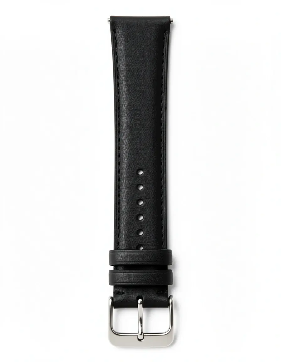Schwarzes Leder-Uhrenarmband mit silberner Schließe auf hellem Hintergrund