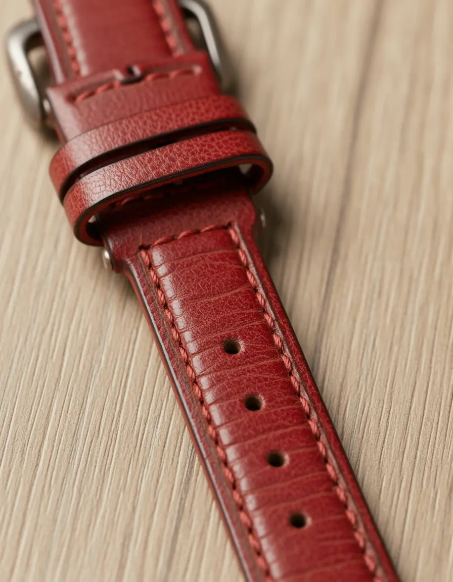 Rotes Vintage-Uhrenarmband aus Leder mit markanter Textur