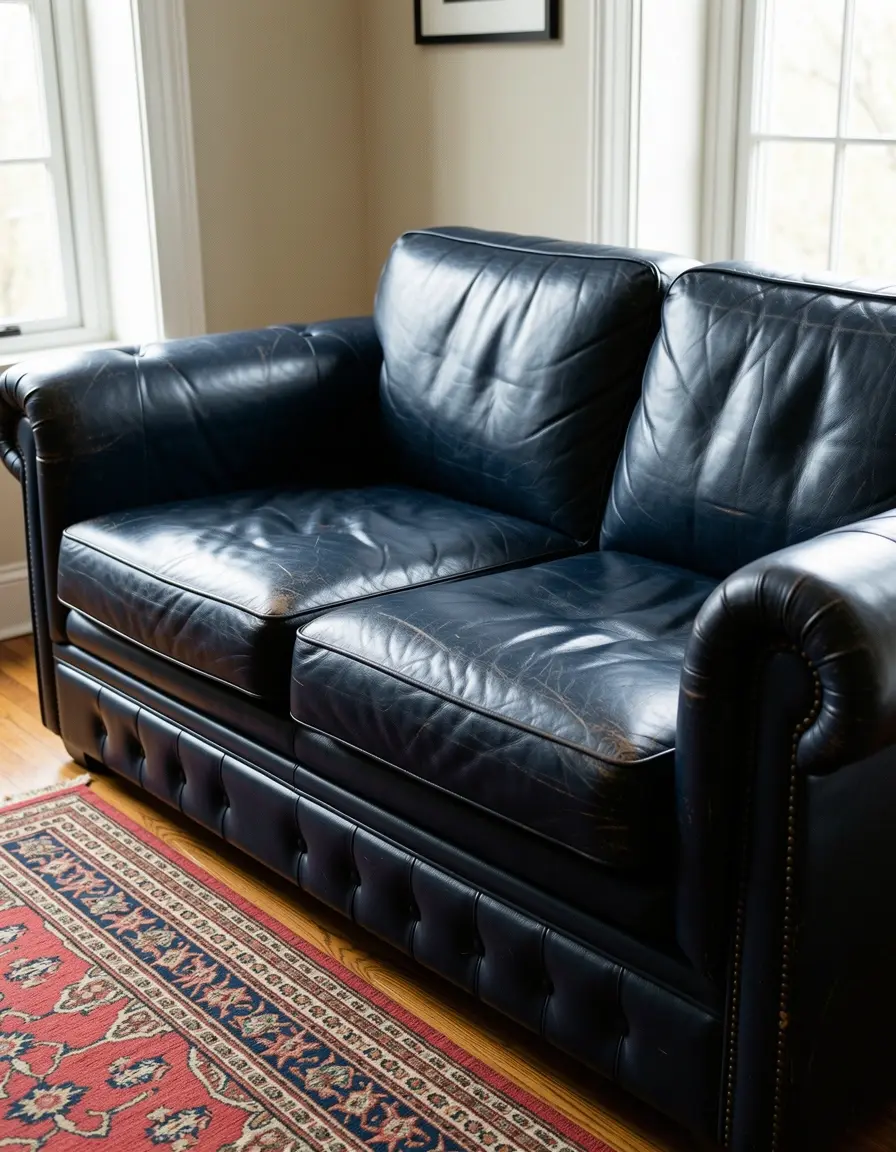 Blaue Vintage Leder-Couch mit viel Charakter