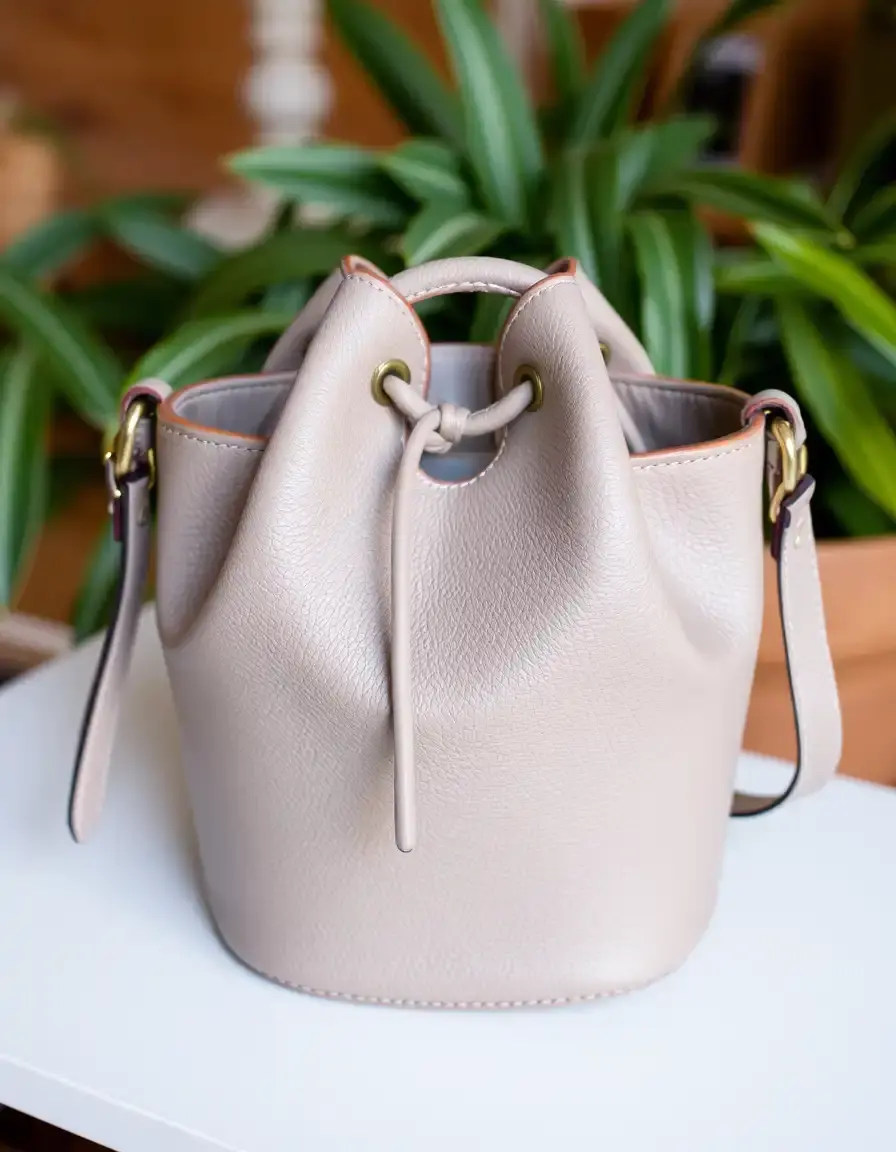 Graue Damen Leder Handtasche Bucket Bag